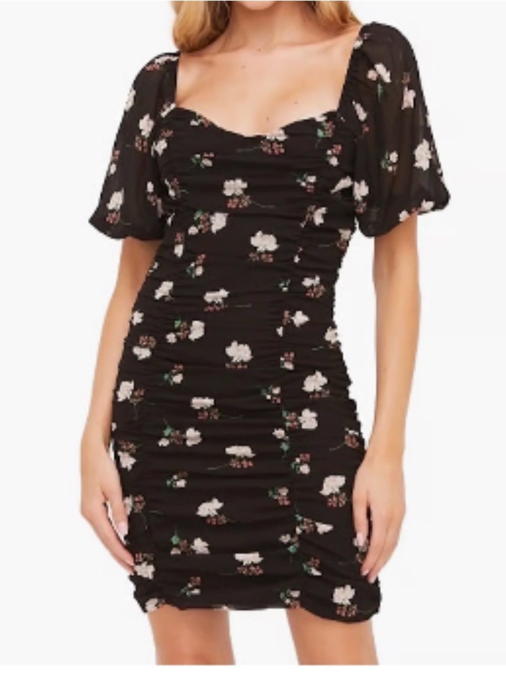 All in Favor Black Floral Ruched Mini Dress